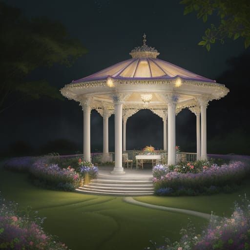 Romantic Whimsical Ballroom on a Floral Hilltop at Night