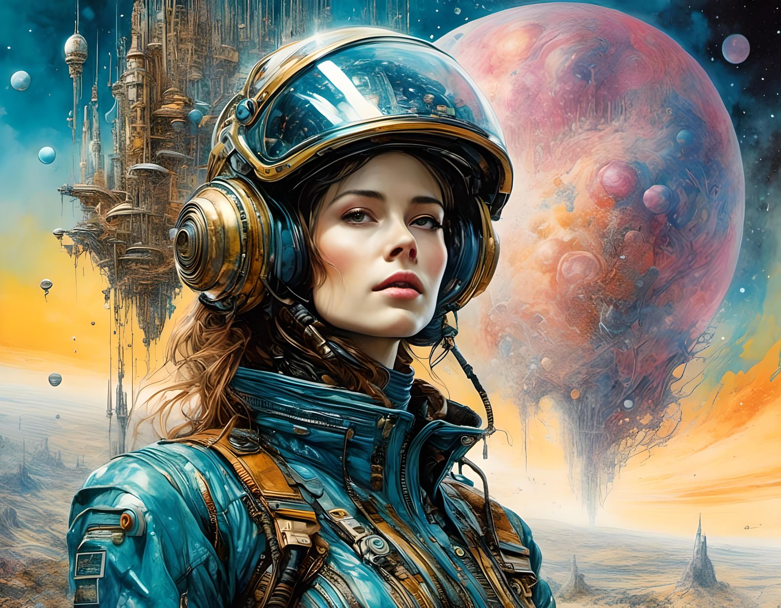 Space Explorer on Alien Planet in Cyberpunk Watercolor