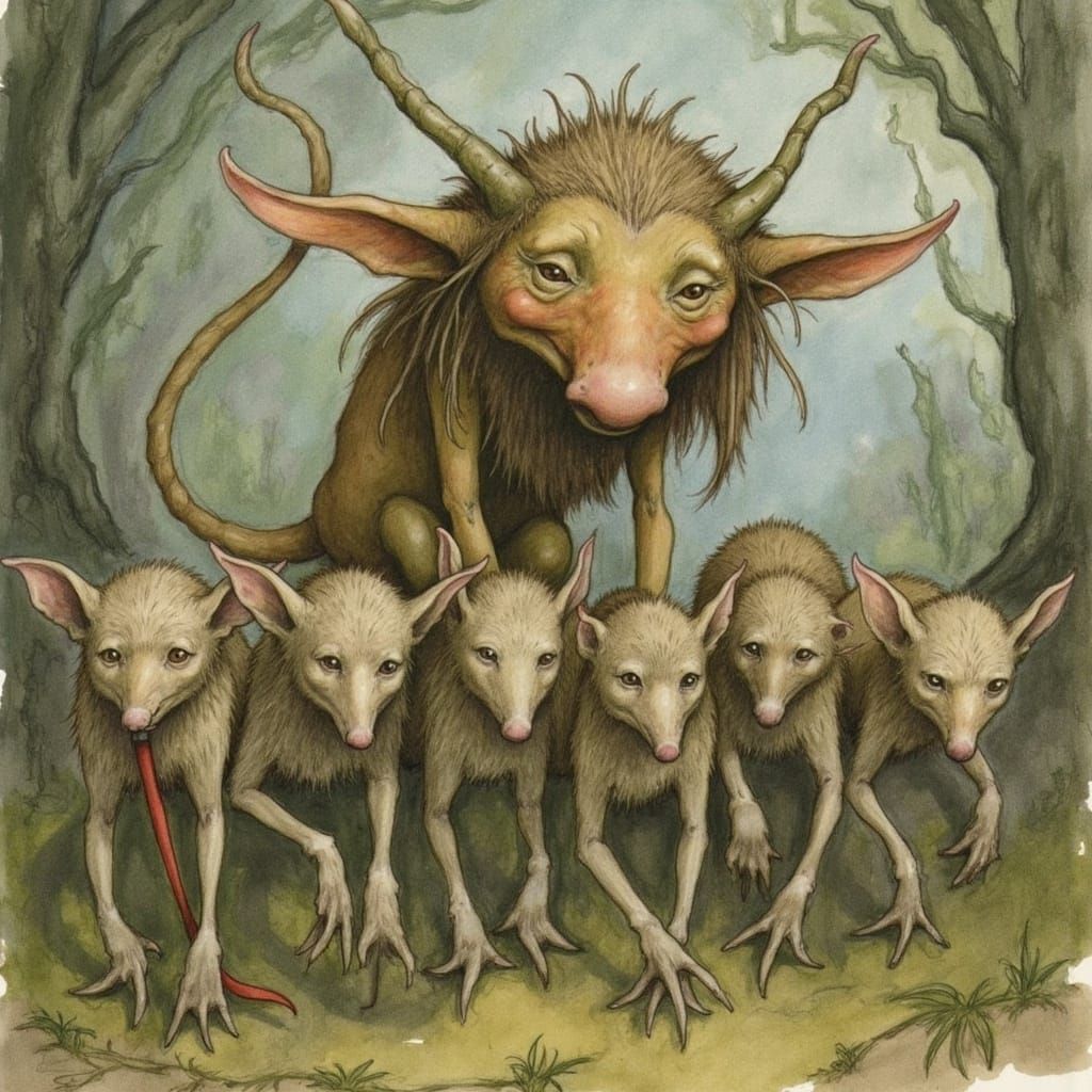 Goblin Walks Ferrets in Enchanted Woodland, Gouache Art