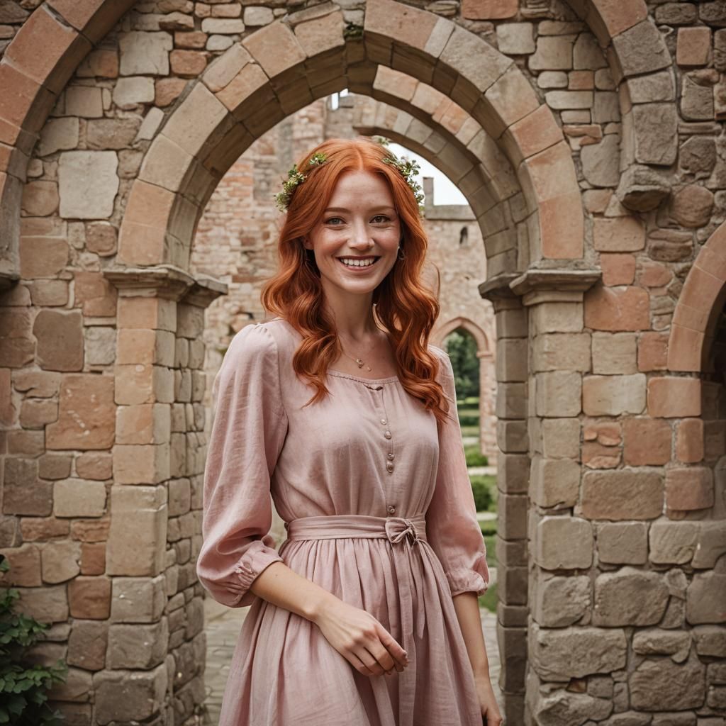 Smiling Redhead in Pink Dress at Castle