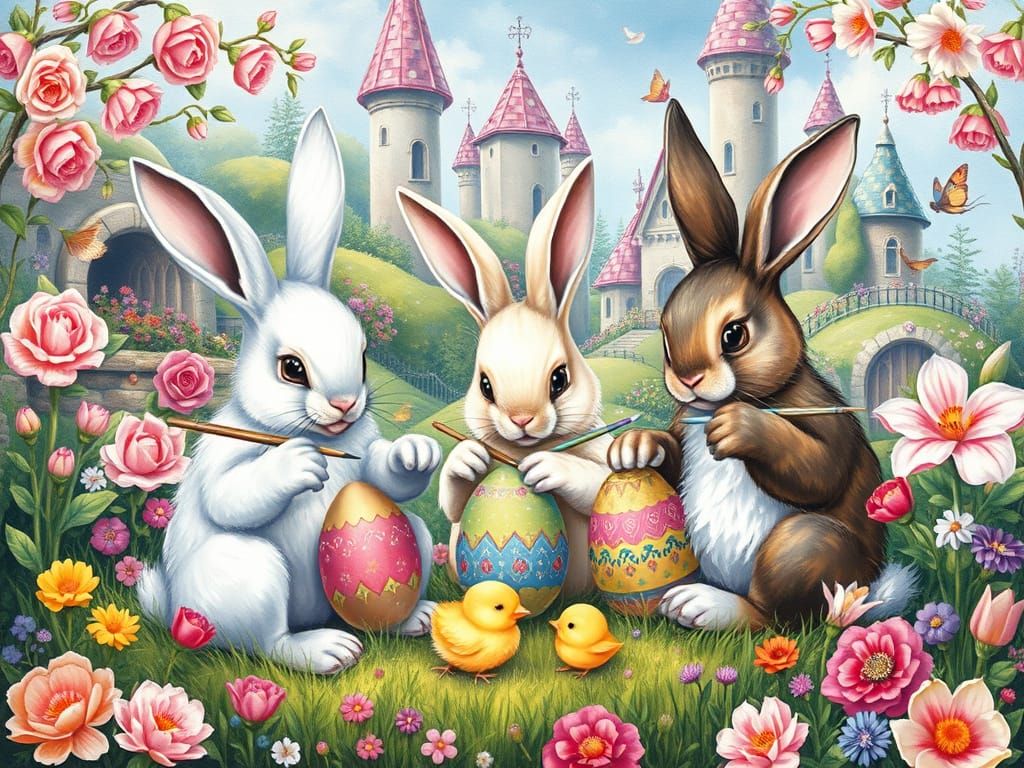 Easter Bunnies Painting Eggs in Whimsical Landscape