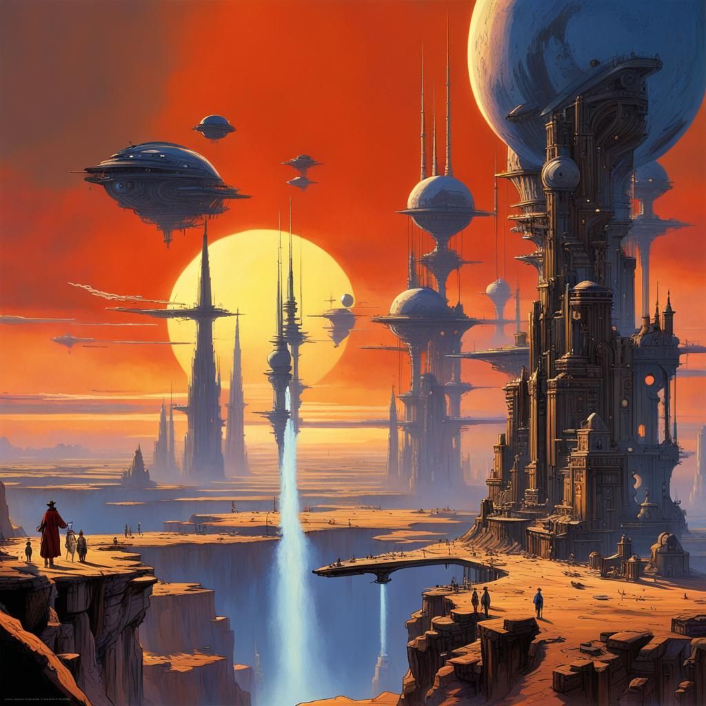 Steampunk City on Alien Planet with Red Sunset