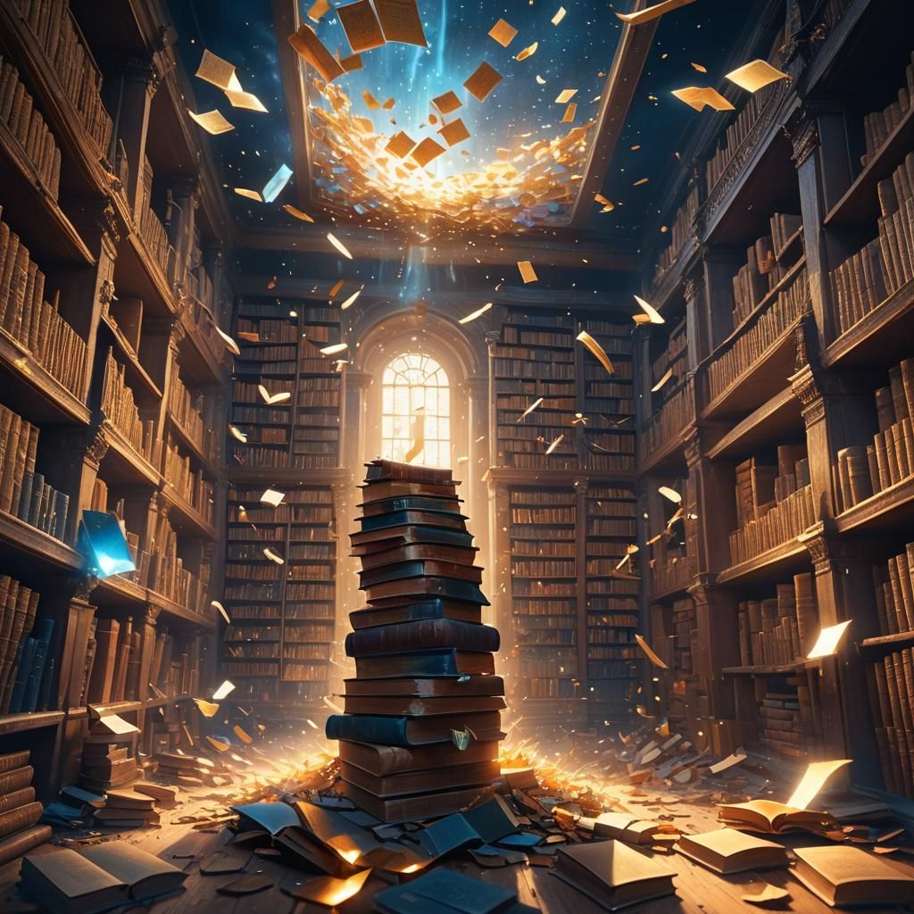 Books Rain in Mystical Abandoned Library