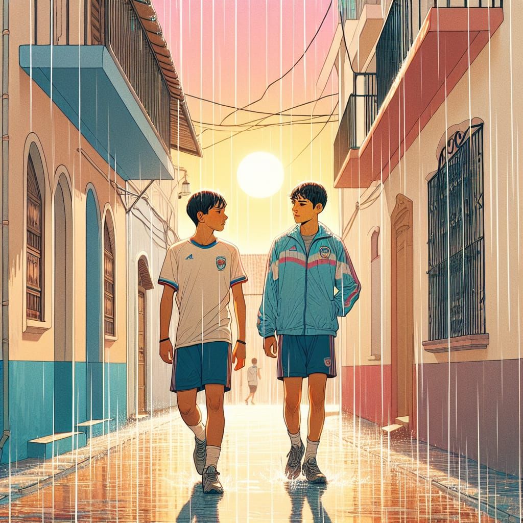 Two Friends Stroll a Rainy Street at Sunset