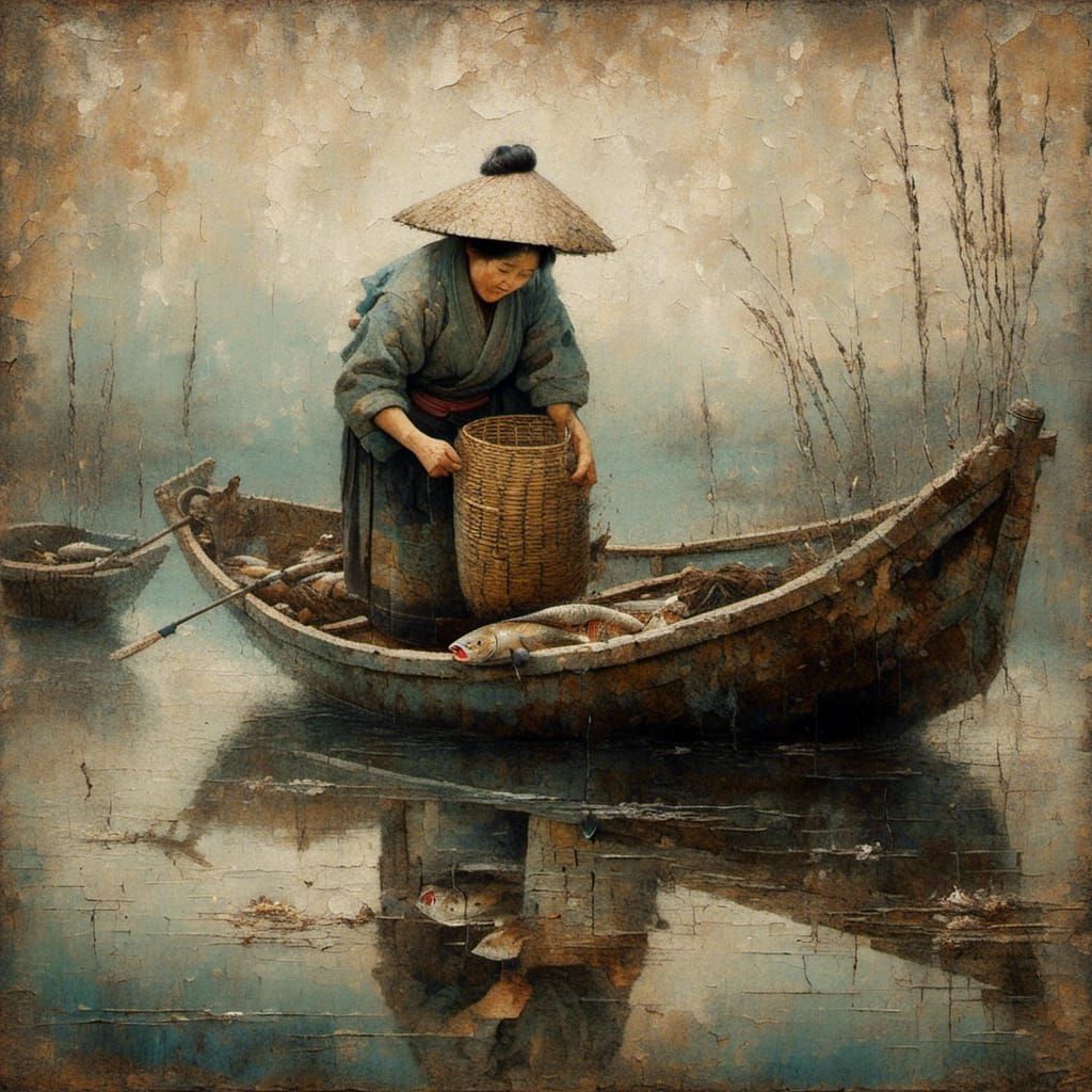 Japanese Fisherwoman Unloading Fish: Oil Painting on Old Tap...