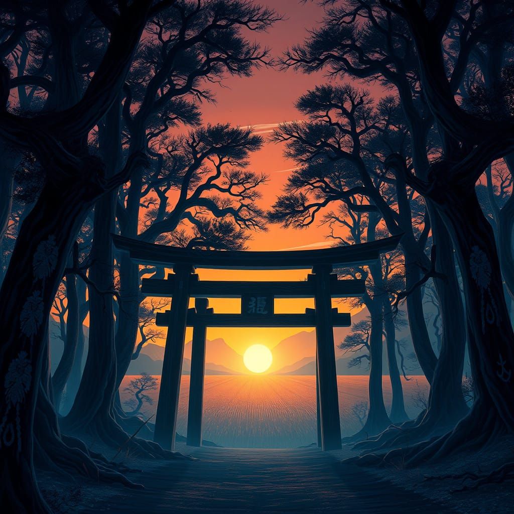 Mystical Japanese Dark Fantasy Landscape in Anime Style