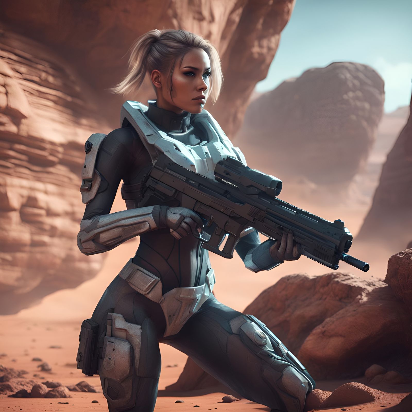 Futuristic Woman with Gun in Epic Sci-Fi Landscape