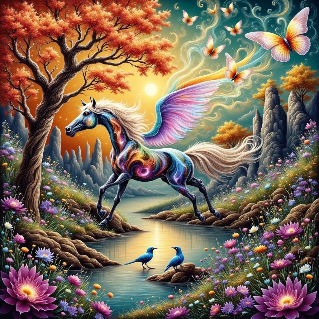 Iridescent Magic Horse Runs Through Mountain Meadow