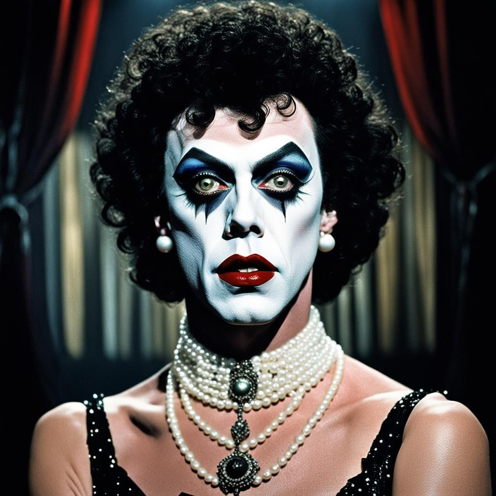 rocky horror picture show tim curry Dr Frank-N-Furter 1975 wearing pearls and glamorous makeup