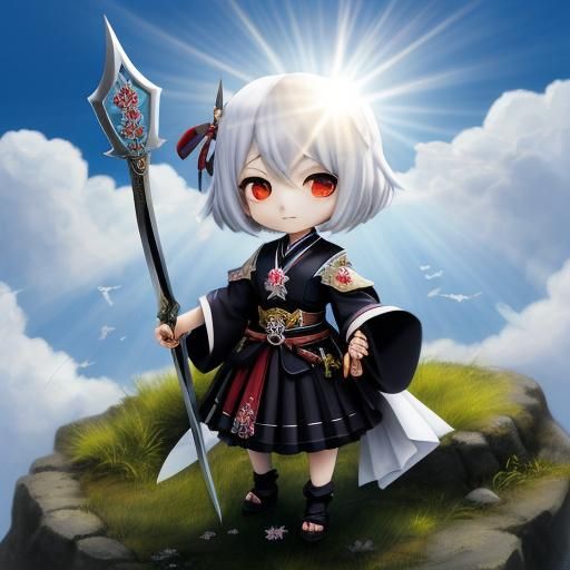 Chibi Gothic Girl with Swords in Divine Light