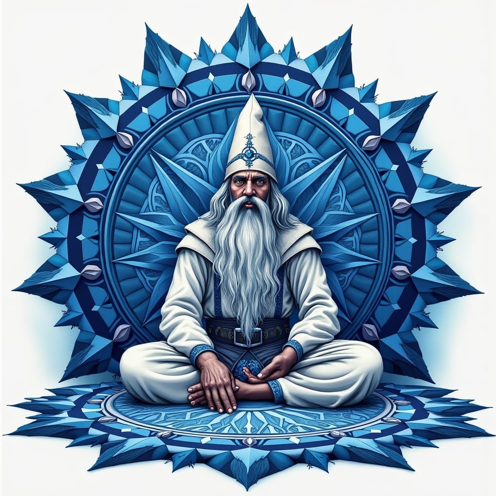 Wizard with Owl at Crystal Healing Table in Watercolor Style