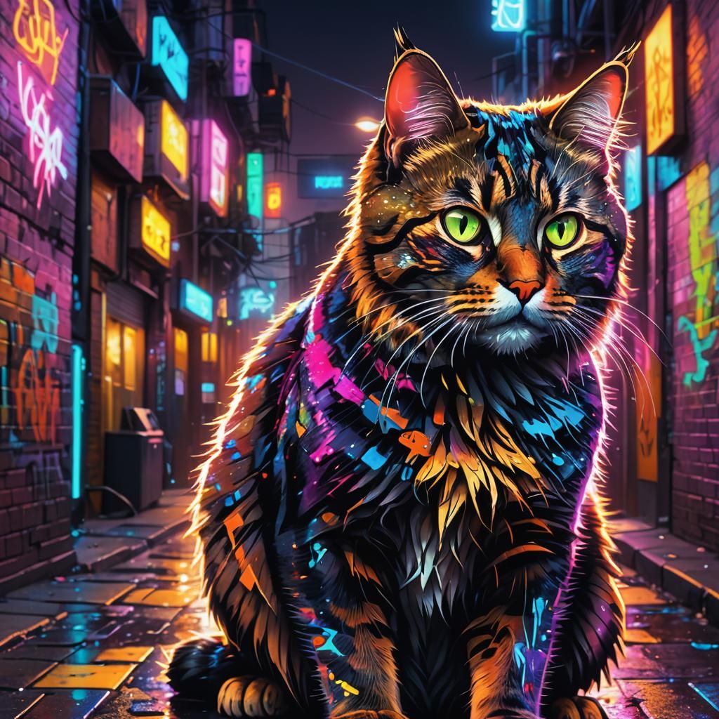 Neon Graffiti Cat in Sci-Fi City Alley