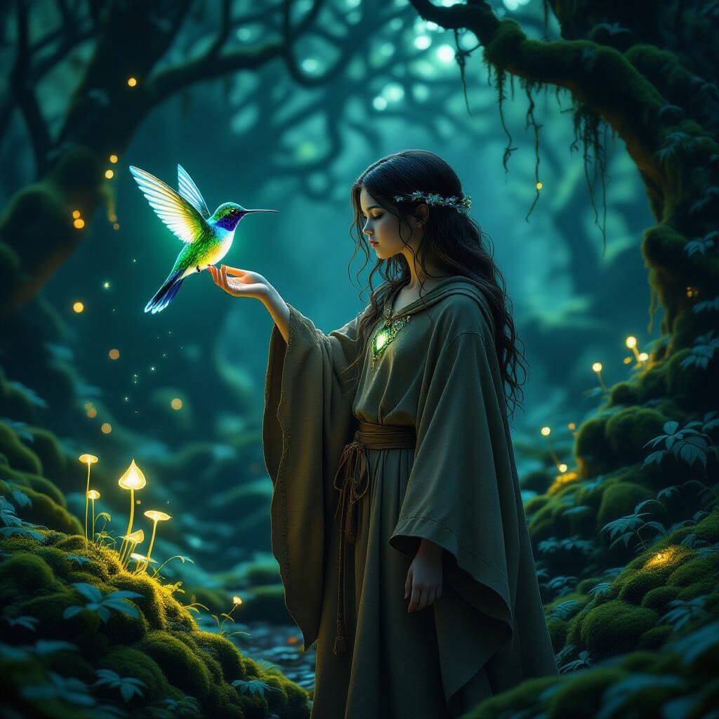 Girl and Bioluminescent Hummingbird in Enchanted Forest