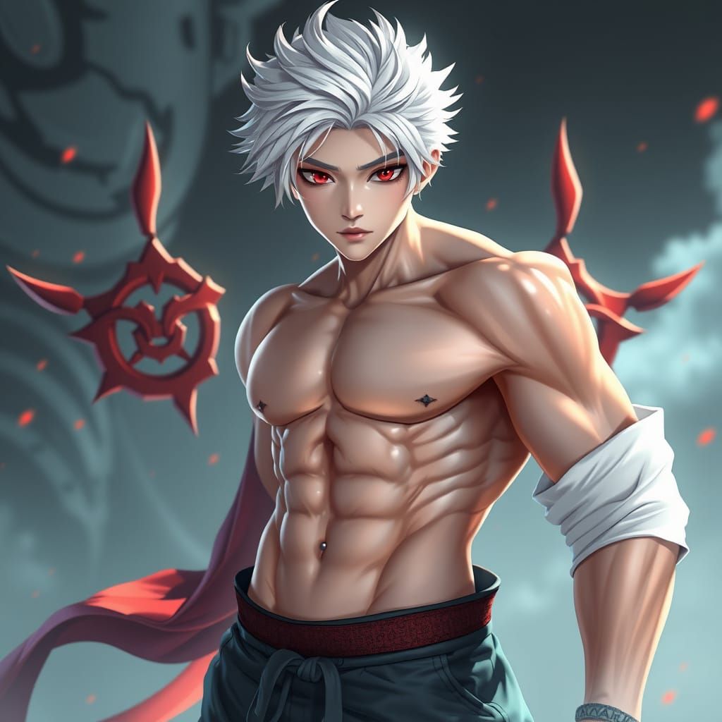 Chiseled Anime Prince with Vibrant White Hair and Red Eyes