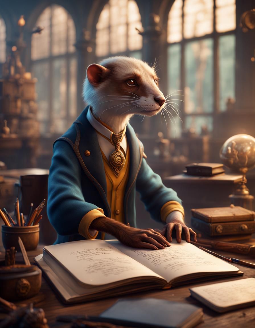 Weasel Teacher Writing a Book: Fantasy Concept Art