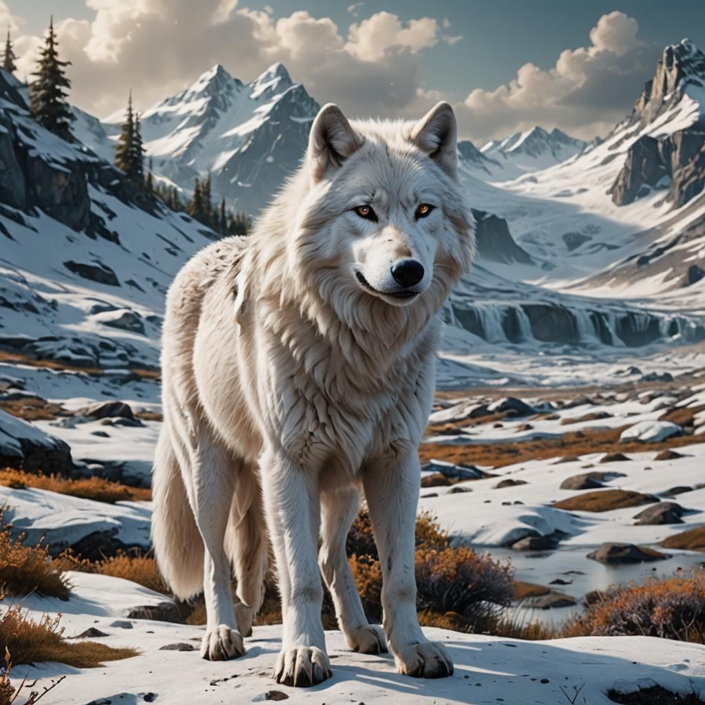 White Wolf in Tundra: Detailed Matte Painting