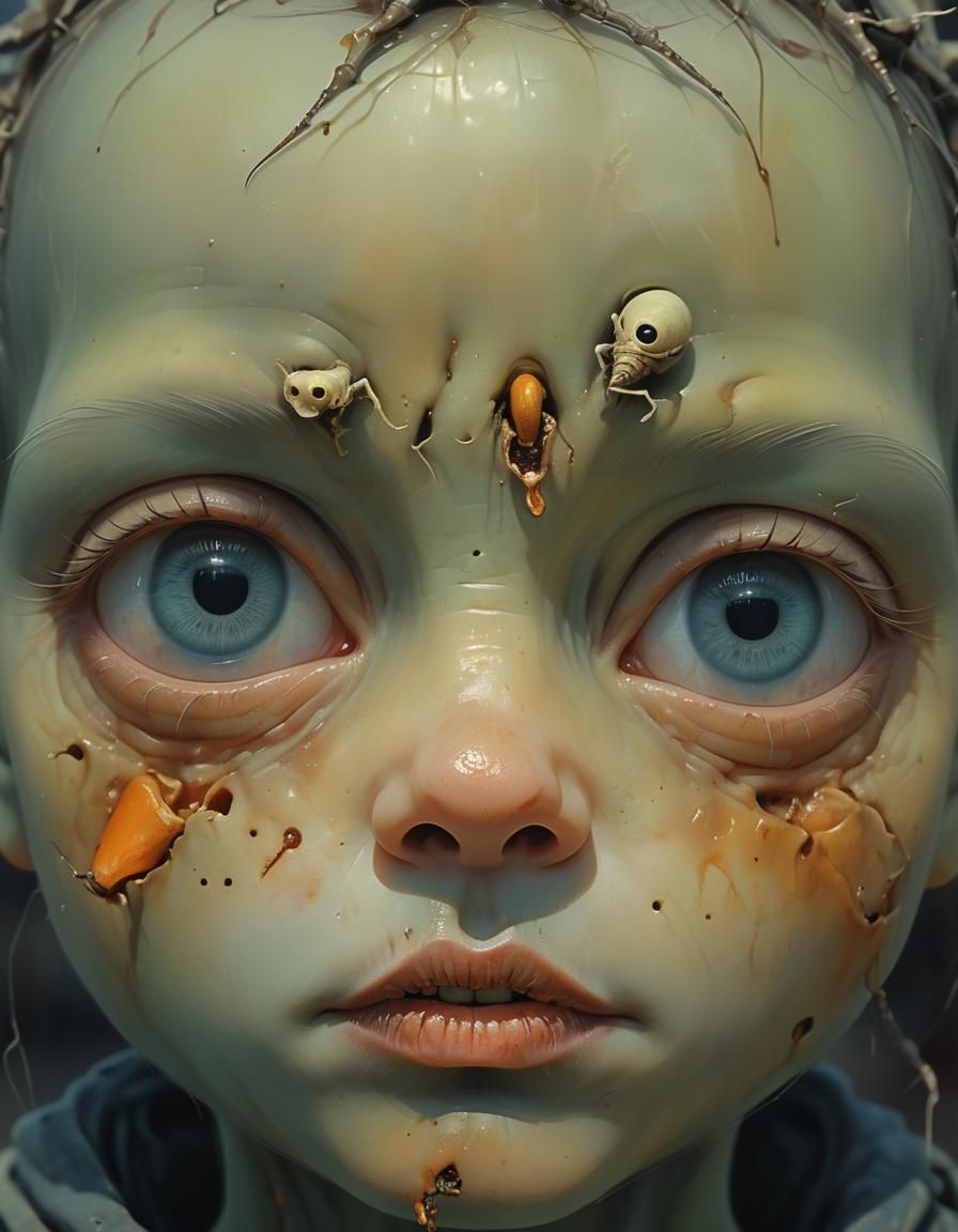 Macabre Surrealism: Deformed Baby with Maggots