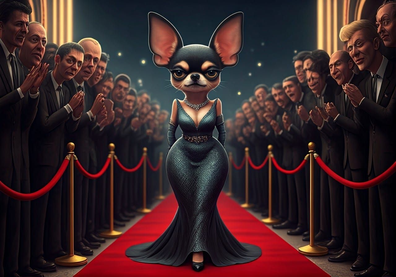 Exaggerated Chihuahua in Haute Couture Struts Down Red Carpe...