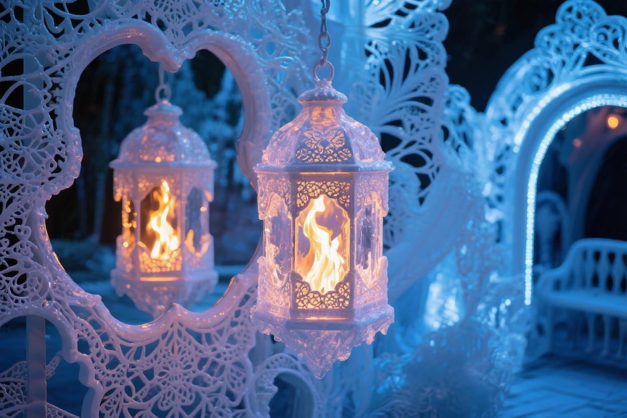Glowing Ice on Fire Antique Lace Lantern in Mirrored Outdoor...