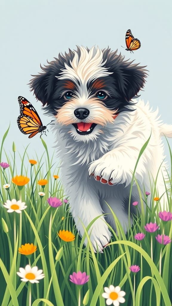 Whimsical Fractal Puppy Chases Butterfly in Vibrant Meadow