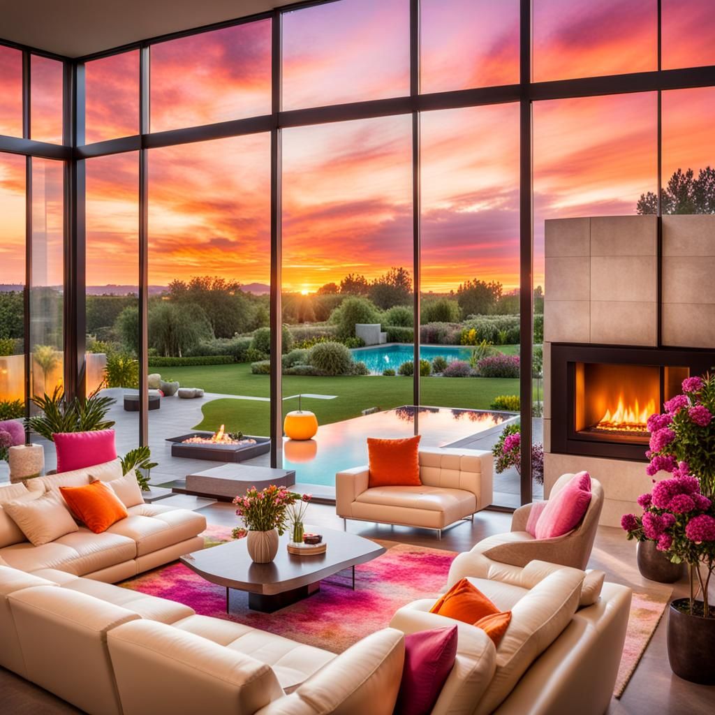 Contemporary Living Room with Sunset Pool View