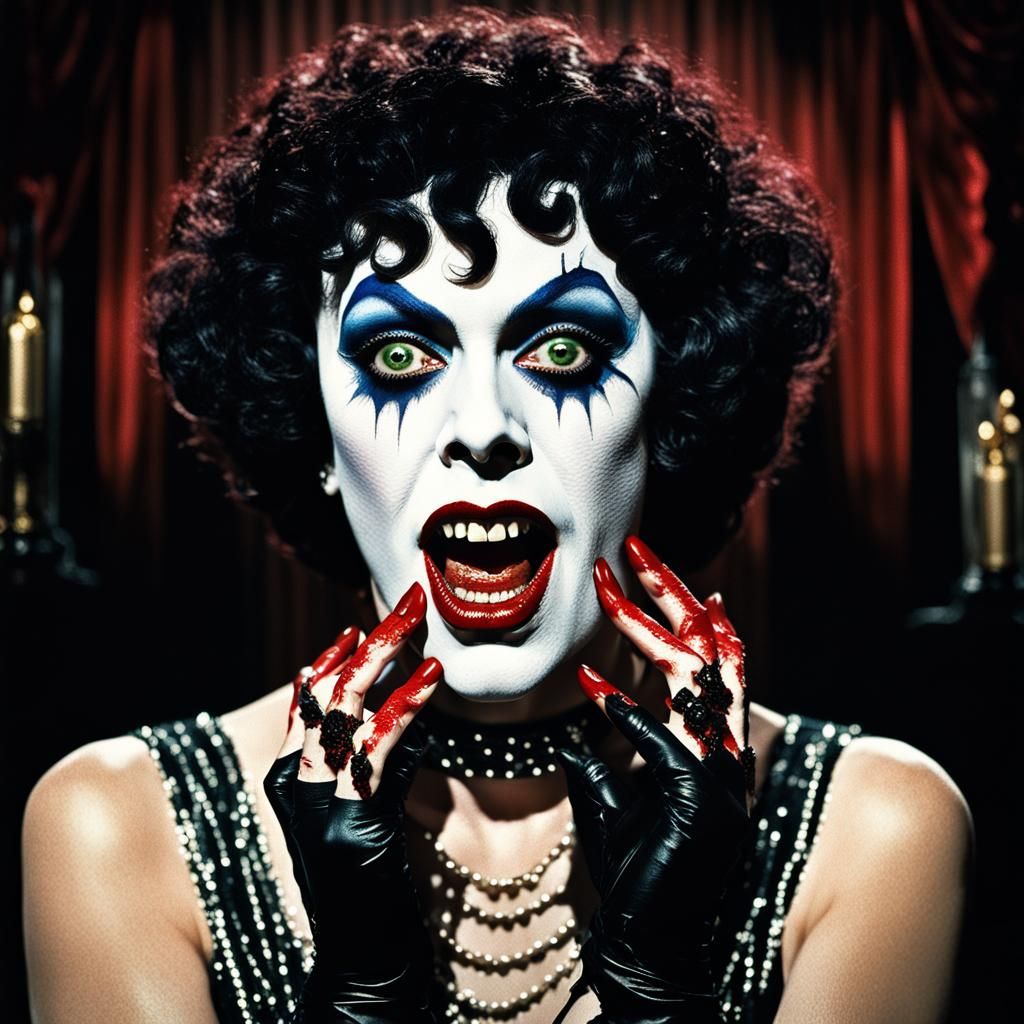 rocky horror picture show tim curry Dr Frank-N-Furter as a 1920s flapper with bloody hands