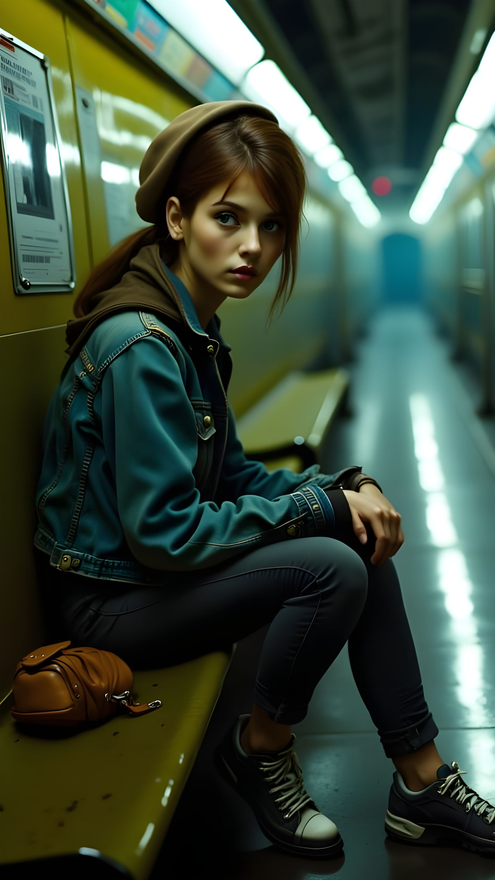 <lora:Mirage:1.0> American Primeval star was ‘sleeping on the subway’ before big break, hyperrealistic, surreal, oil pa...