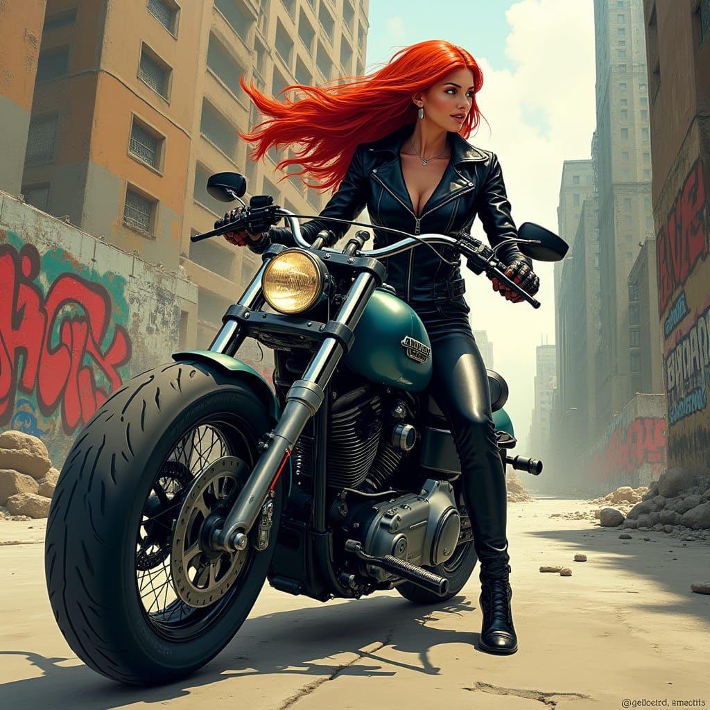 Rebel Woman Rides Futuristic Harley in Urban Chaos