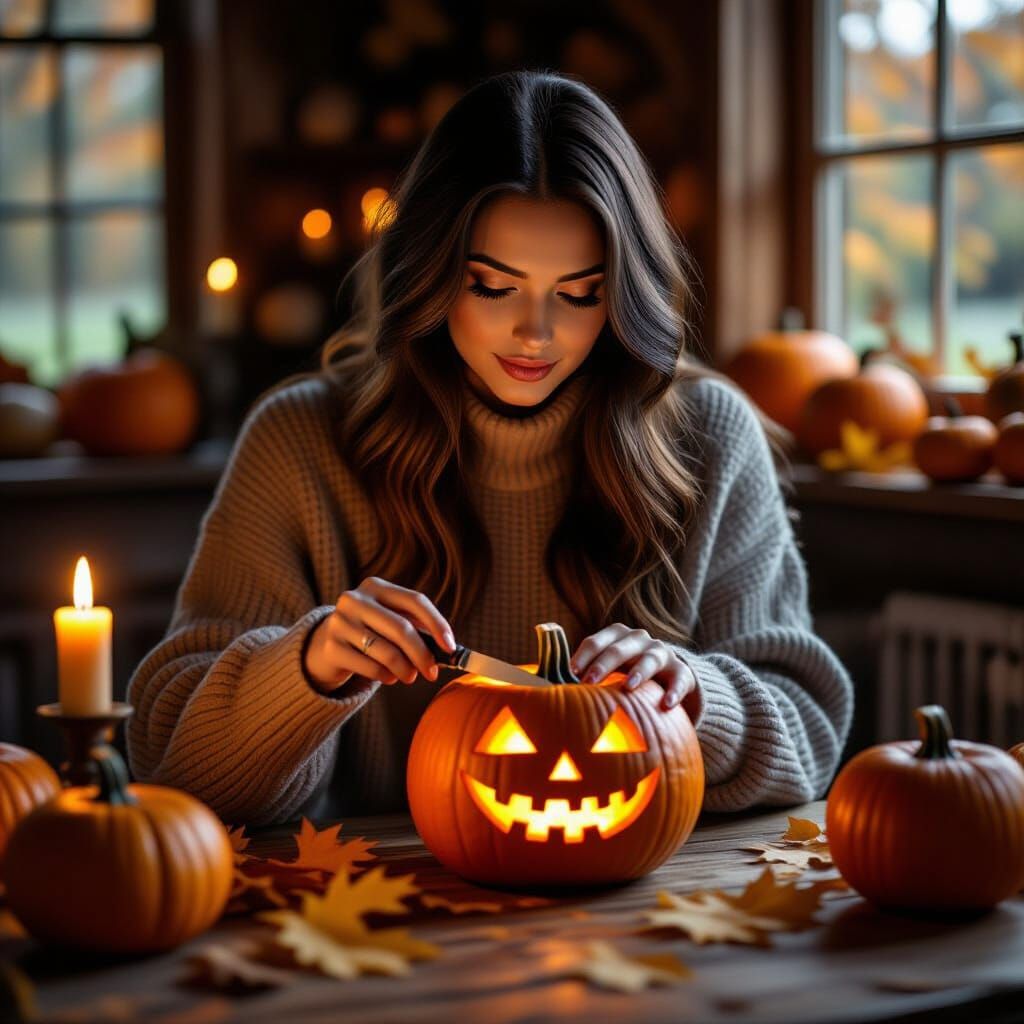 Woman Carving Halloween Pumpkin with Candlelight Glow