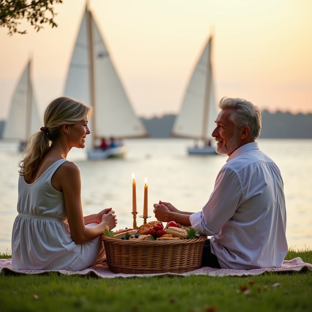 Couple's Lakeside Picnic on a Spring Afternoon