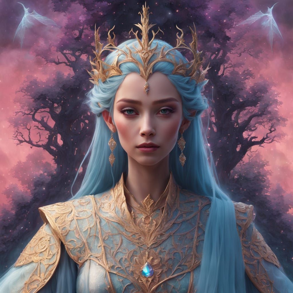 Regal Elven Queen in Ancient Forest with Majestic Dragon