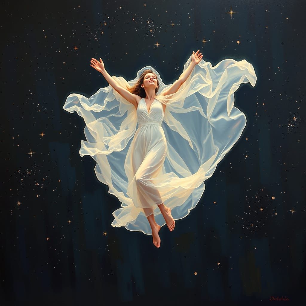 Weightless Goddess Dances in Starry Sky