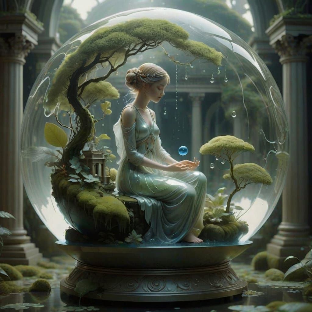 Ethereal Woman Holds Earth in Glass Globe