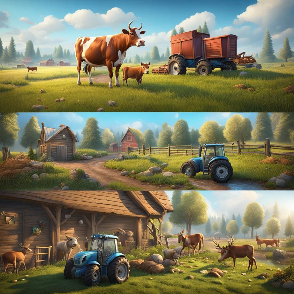 Funny Farm: Cow, Horse, Deer, and Tractor