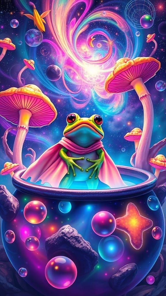 Pepe the frog takes a psychedelic DMT trippy dip in a flourescent bubbling cauldron surrounded by cosmic wonders - vibra...