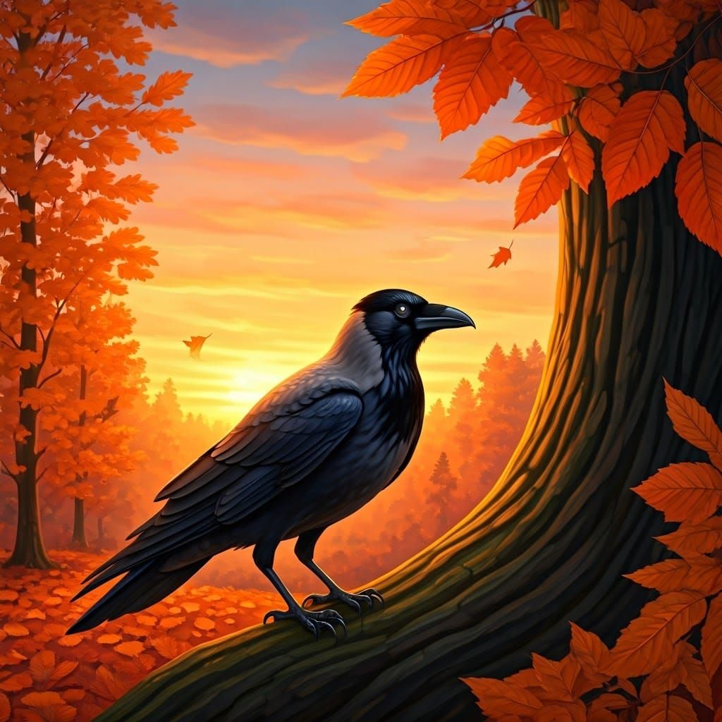 Autumn Sunset Scene with Crow in Flight