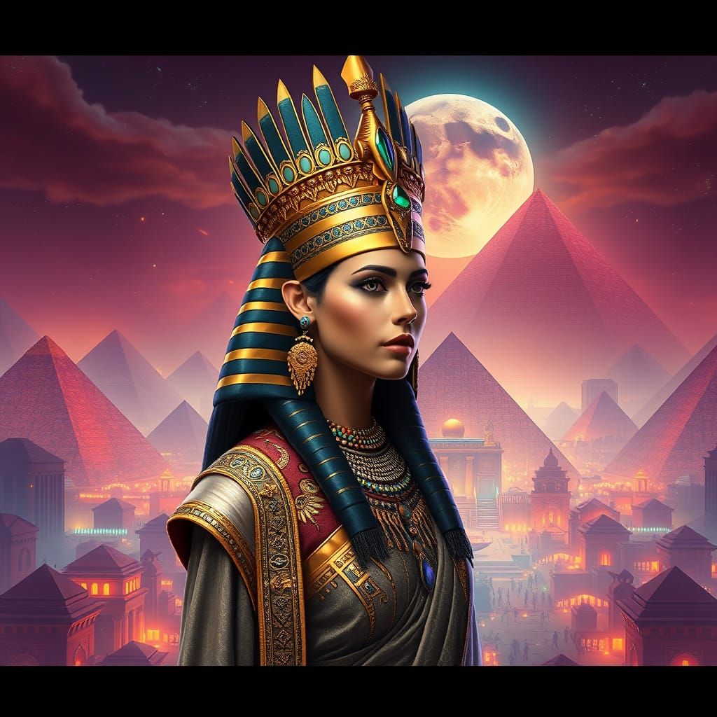 Egyptian Queen in Futuristic Cityscape