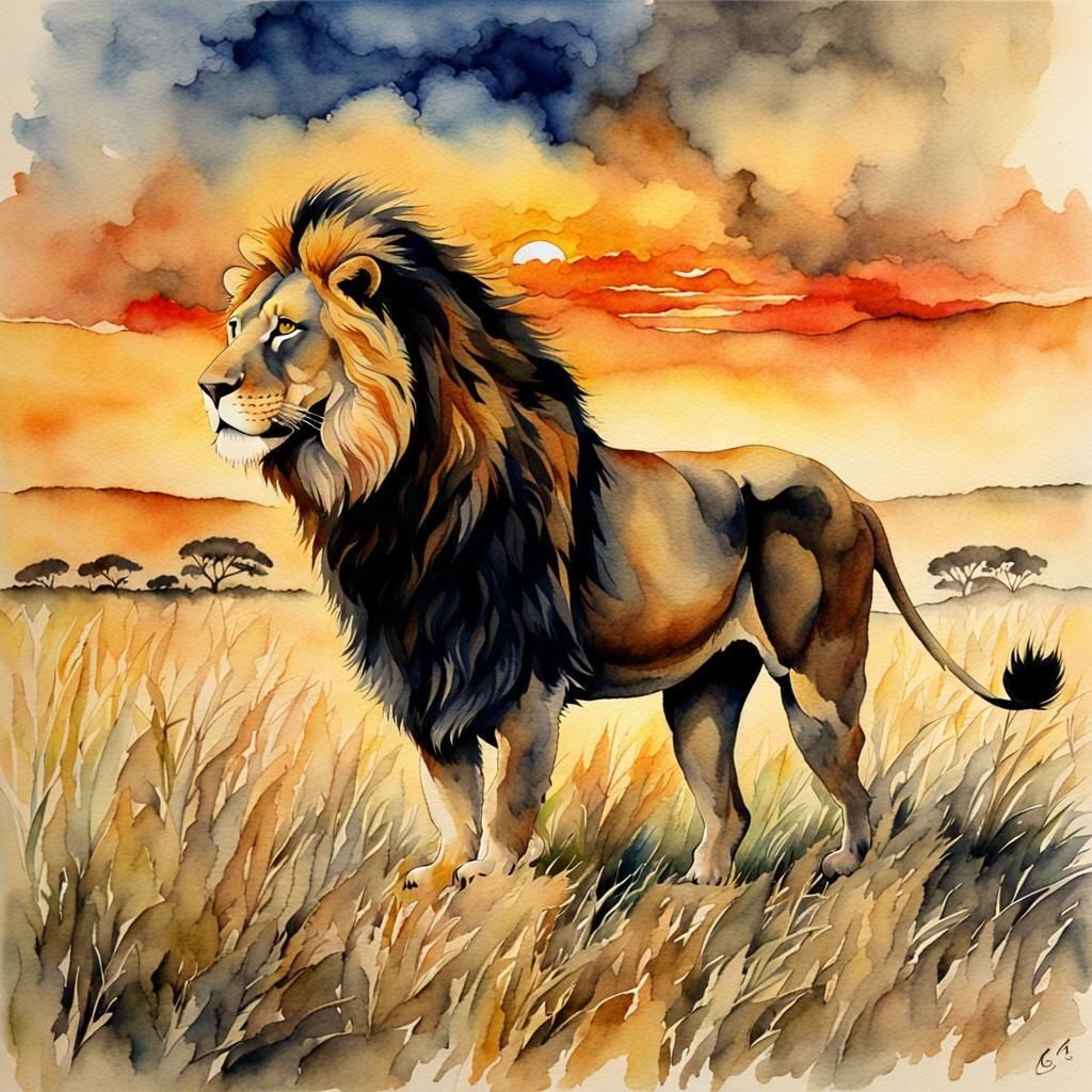 Lion in Savannah: Watercolour Illustration