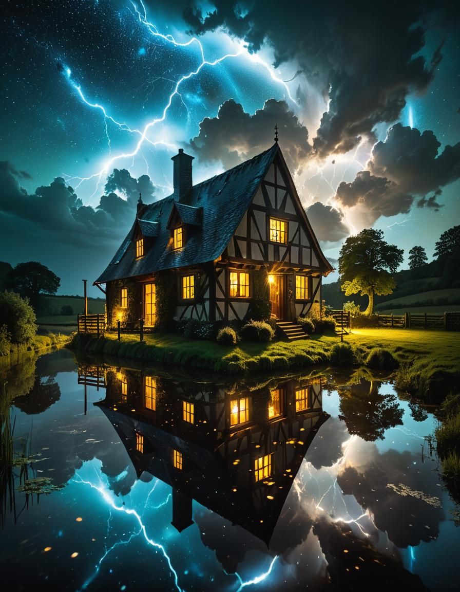 Cottage calm amid the storm, lightning paints a fleeting form.