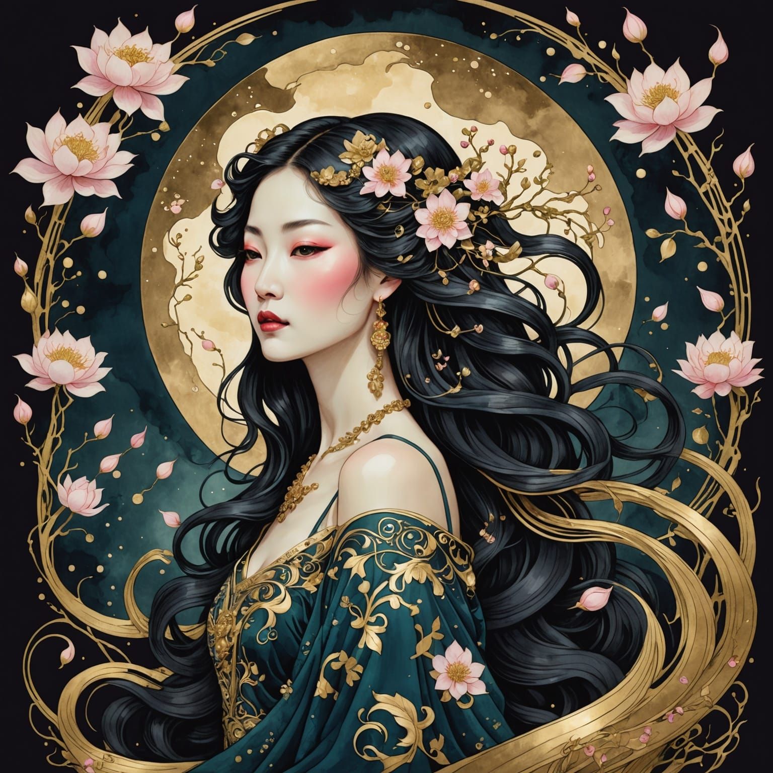 Chinese Art Nouveau Woman with Floral Adornments