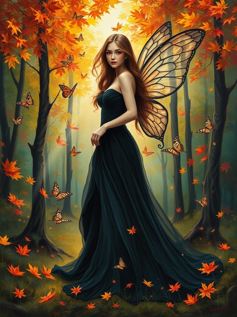 Beautiful Fairy in Forest, Neo-Impressionist Oil Painting