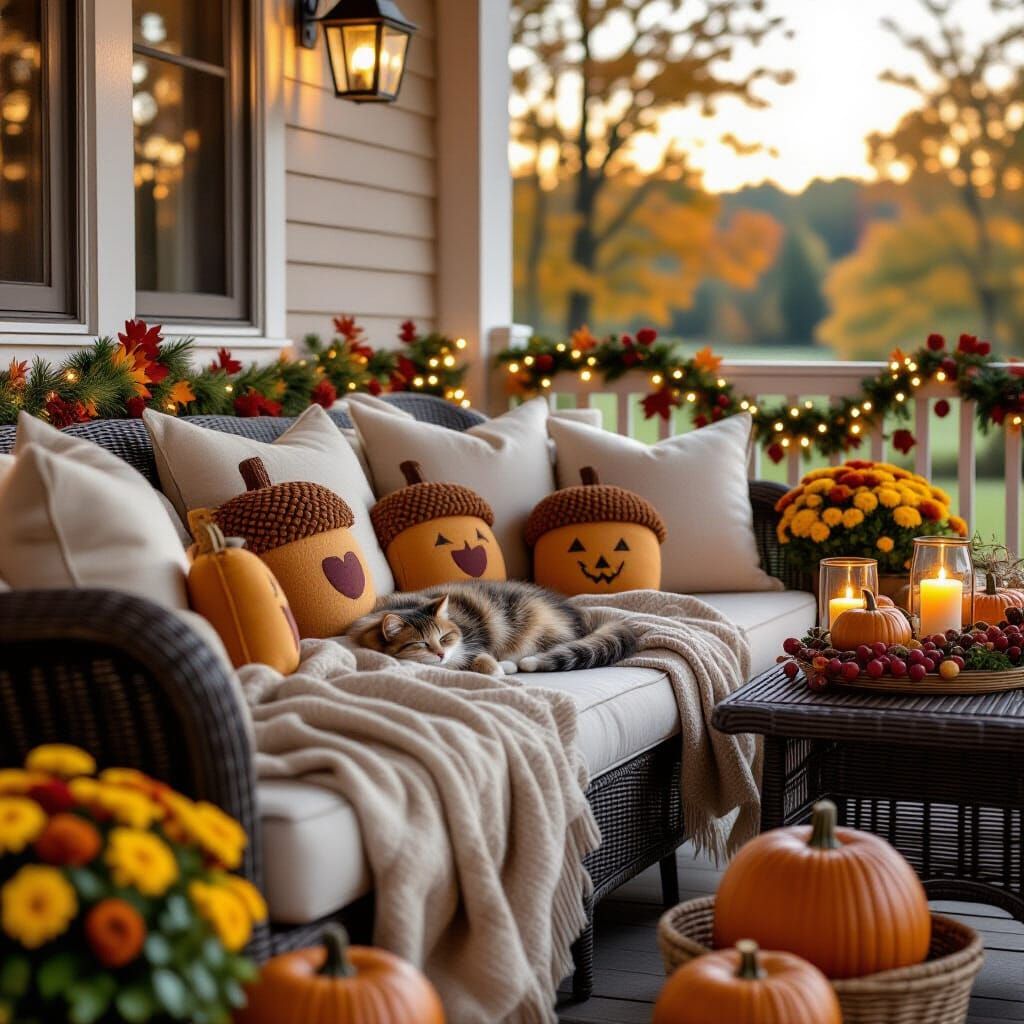 Cozy Fall Porch Scene at Dusk with Sleeping Cat