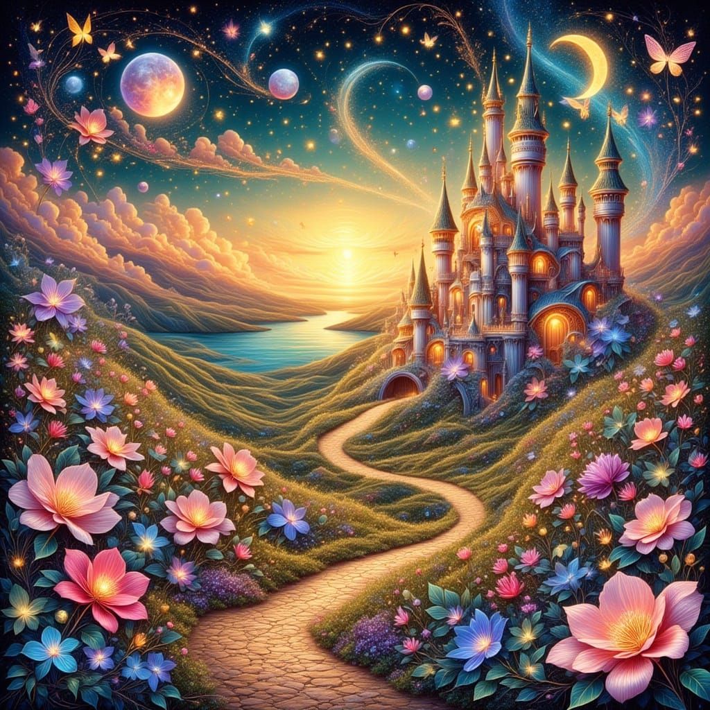 Fairytale Castle Sunset in Klimt Watercolor Style