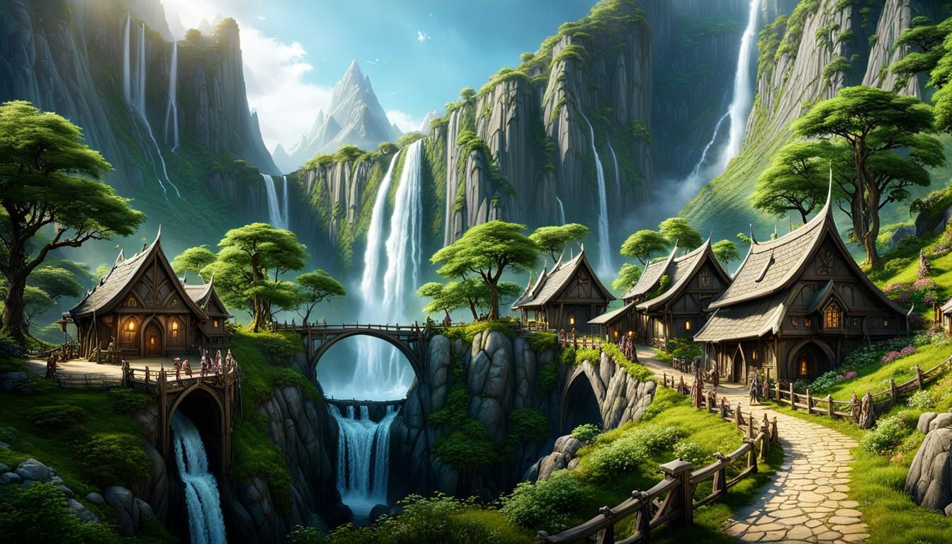 Epic Fantasy Elven Village with Waterfall