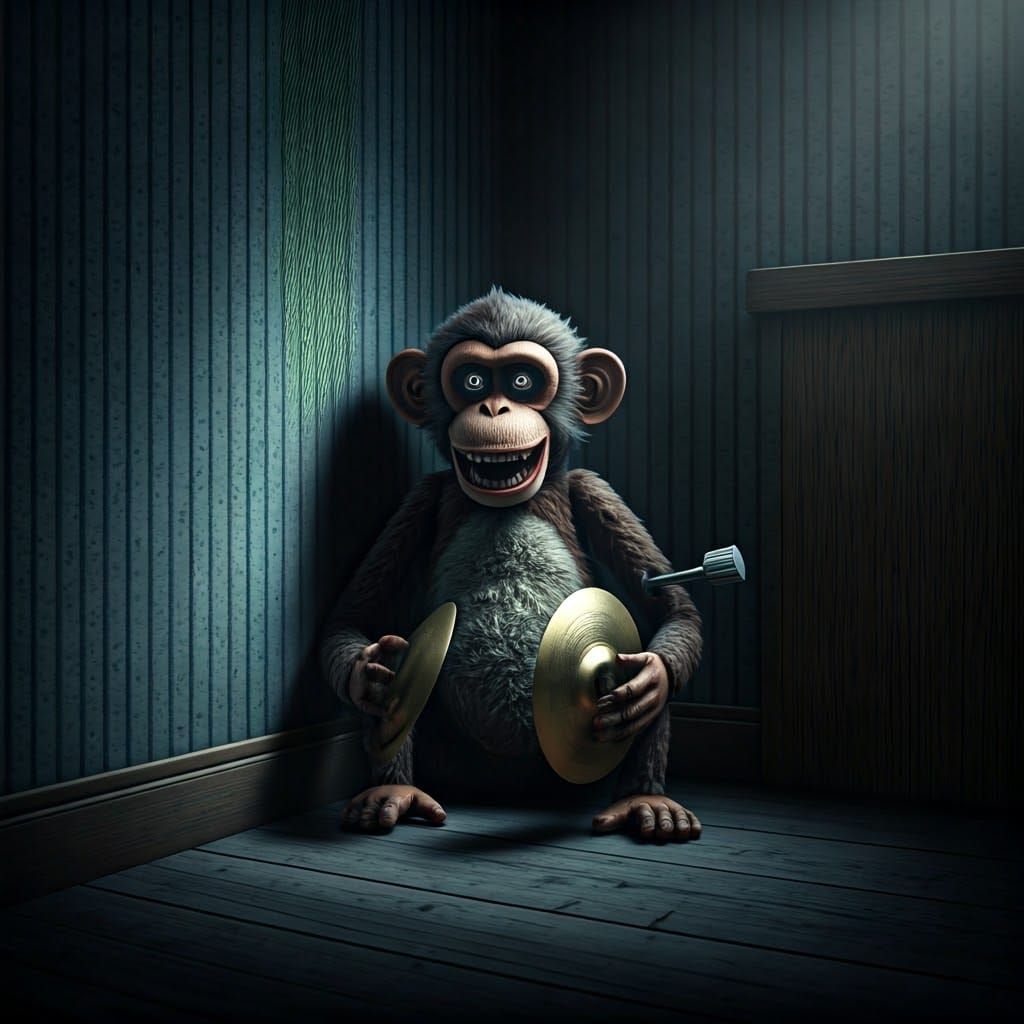 Eerie Wind-Up Monkey in Gothic Horror Scene