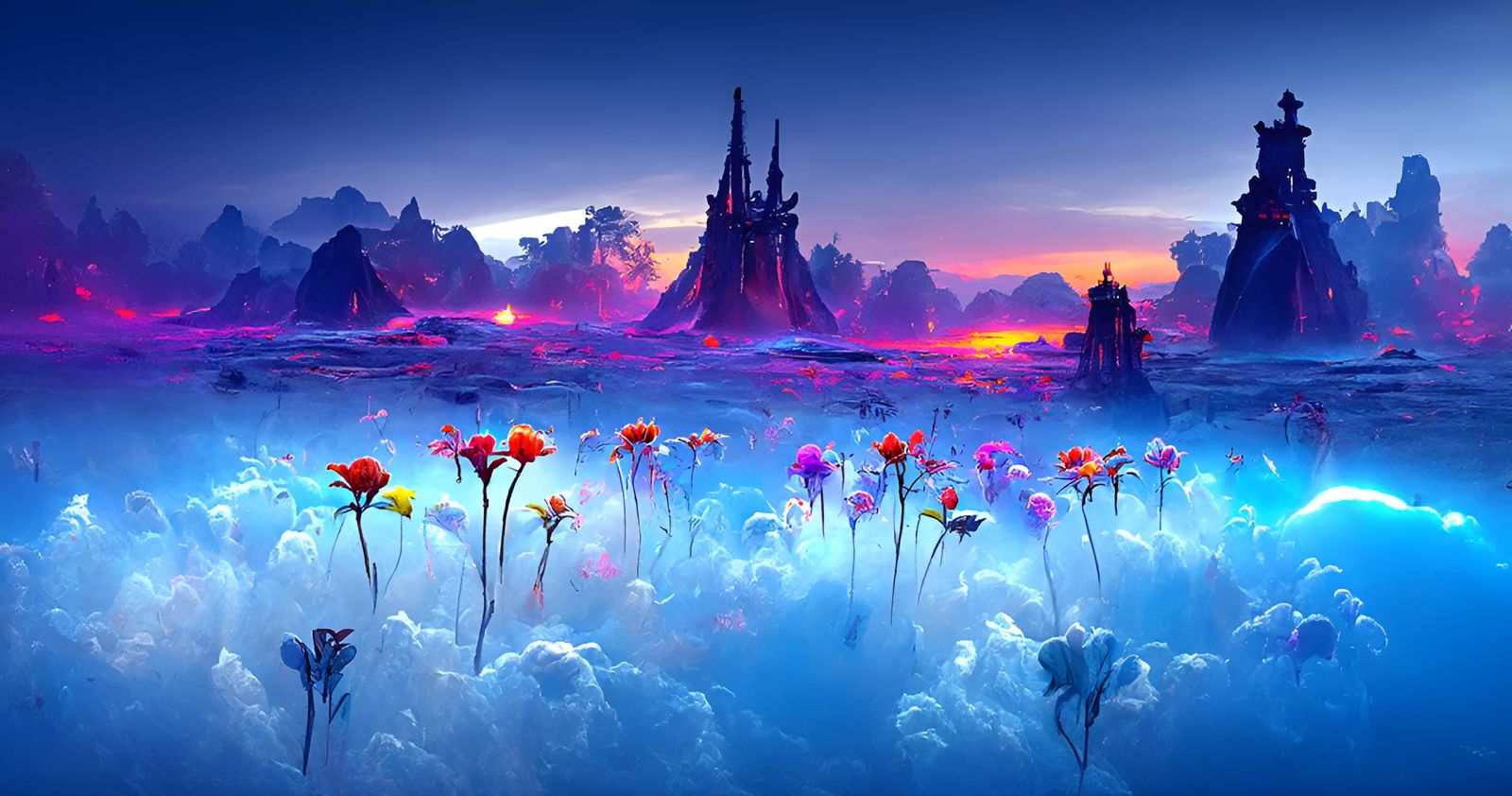 Majestic Sunset Landscape with Bright Flowers