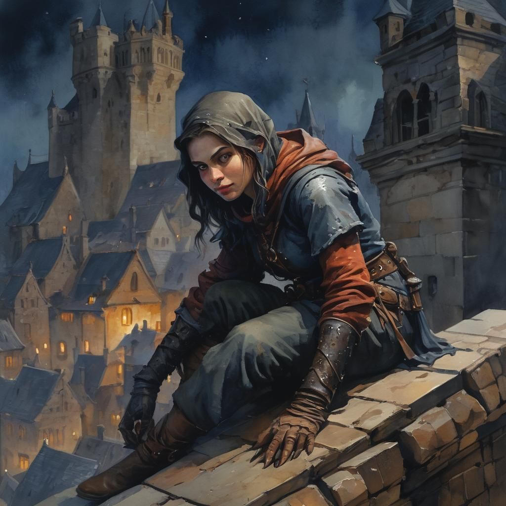 Medieval Thief on Rooftop in Gouache Style