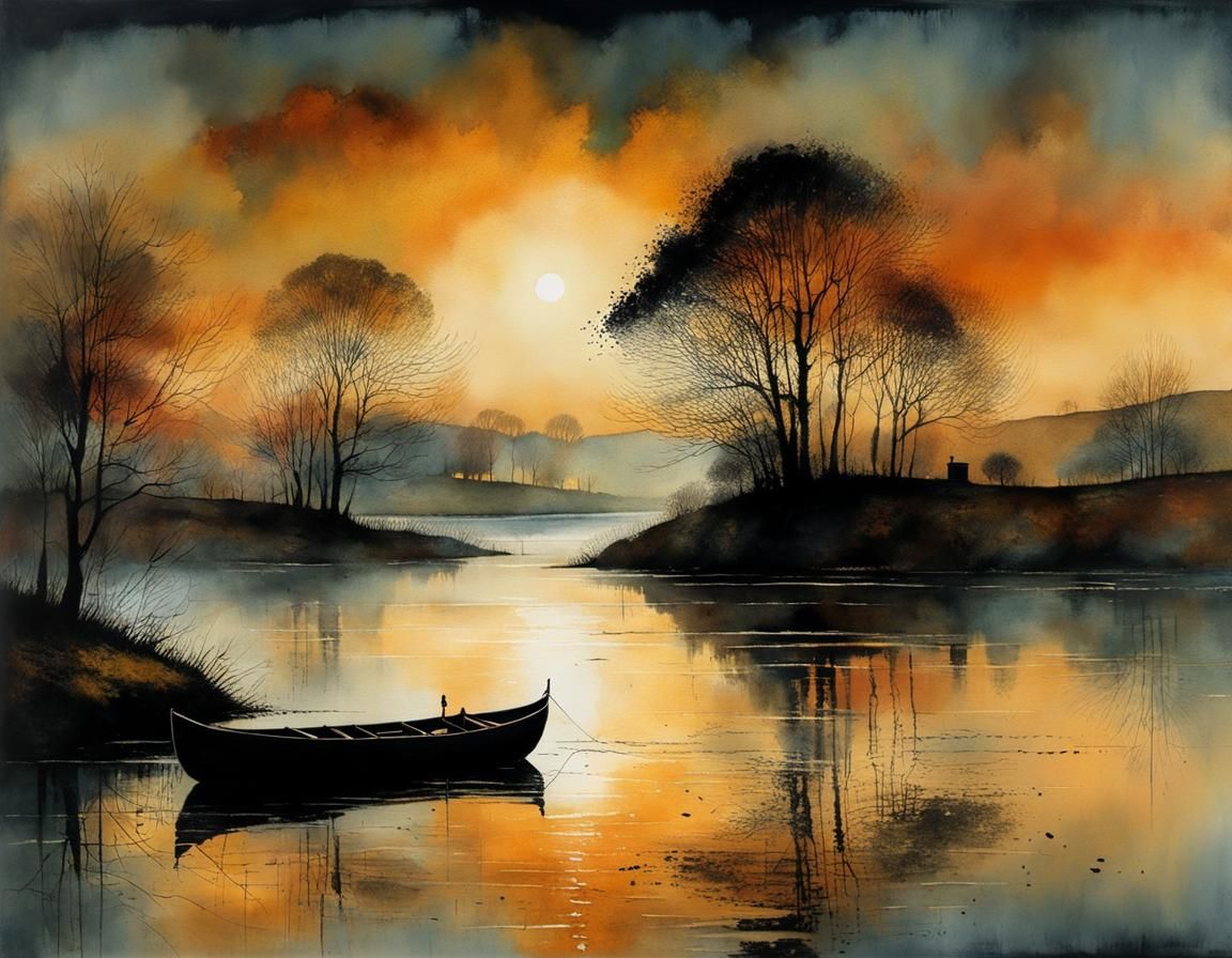 Misty Twilight River in Watercolor Style