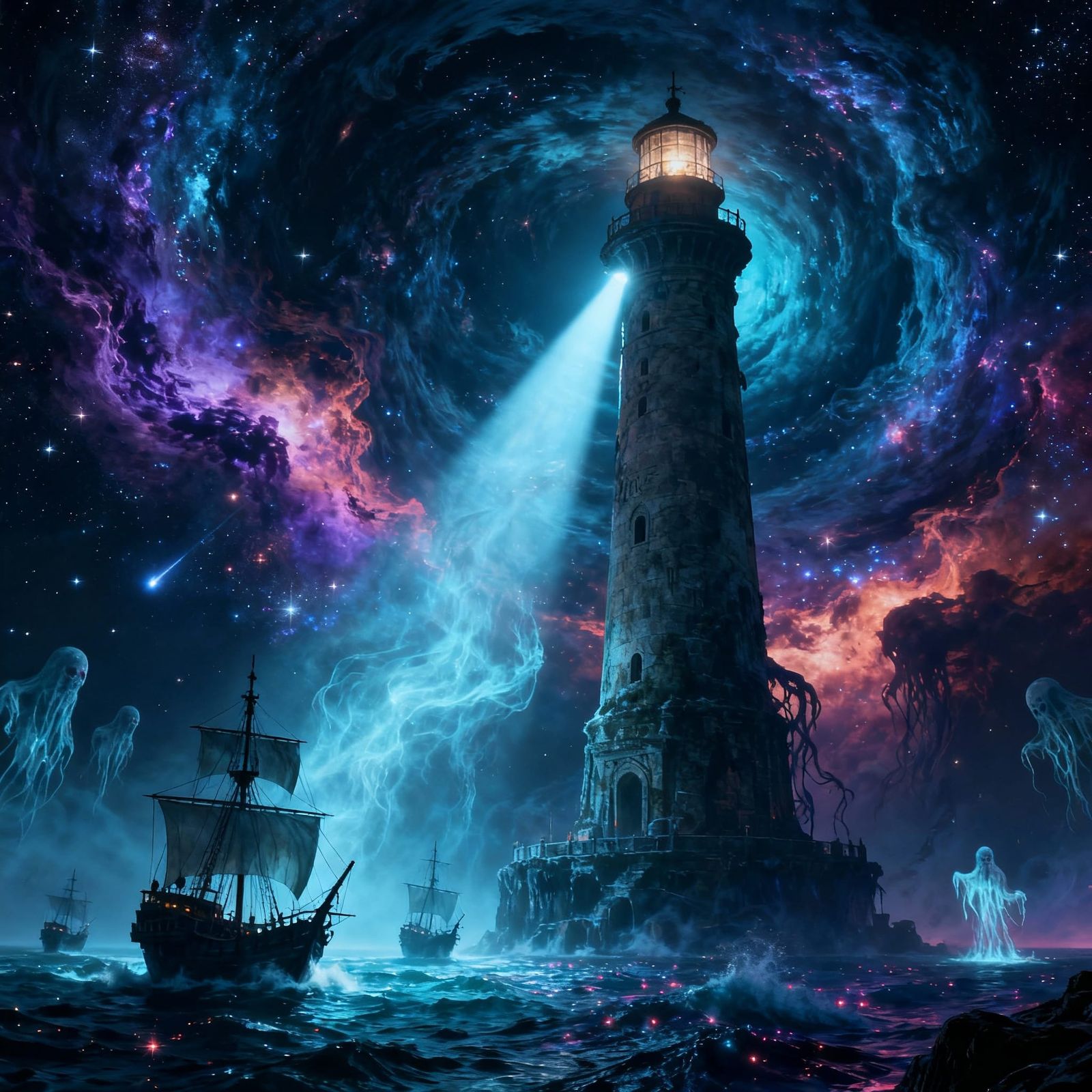 Cosmic Lighthouse Battles Ethereal Storm in Surreal HDR