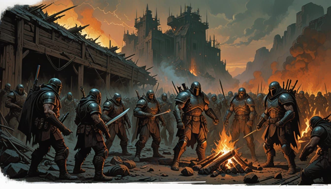 Gritty Mercenaries Gather Around a Flickering Campfire in a ...